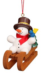 Small Snowman Sled - Ulbricht<br>Wooden Ornament
